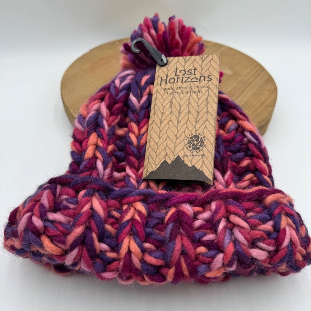 Lost Horizons Multicolored 100% Wool Hat Beanie One Size Handknit purple pink ch